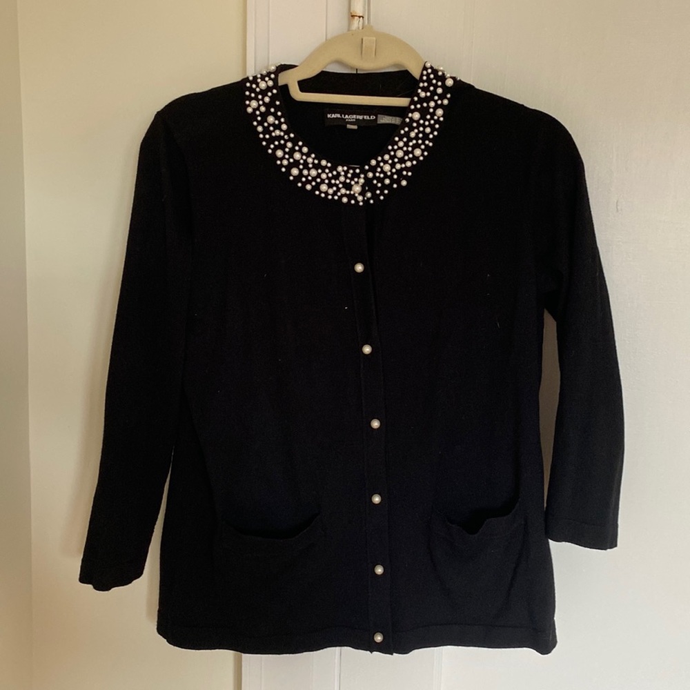 Black cardigan with pearl collar